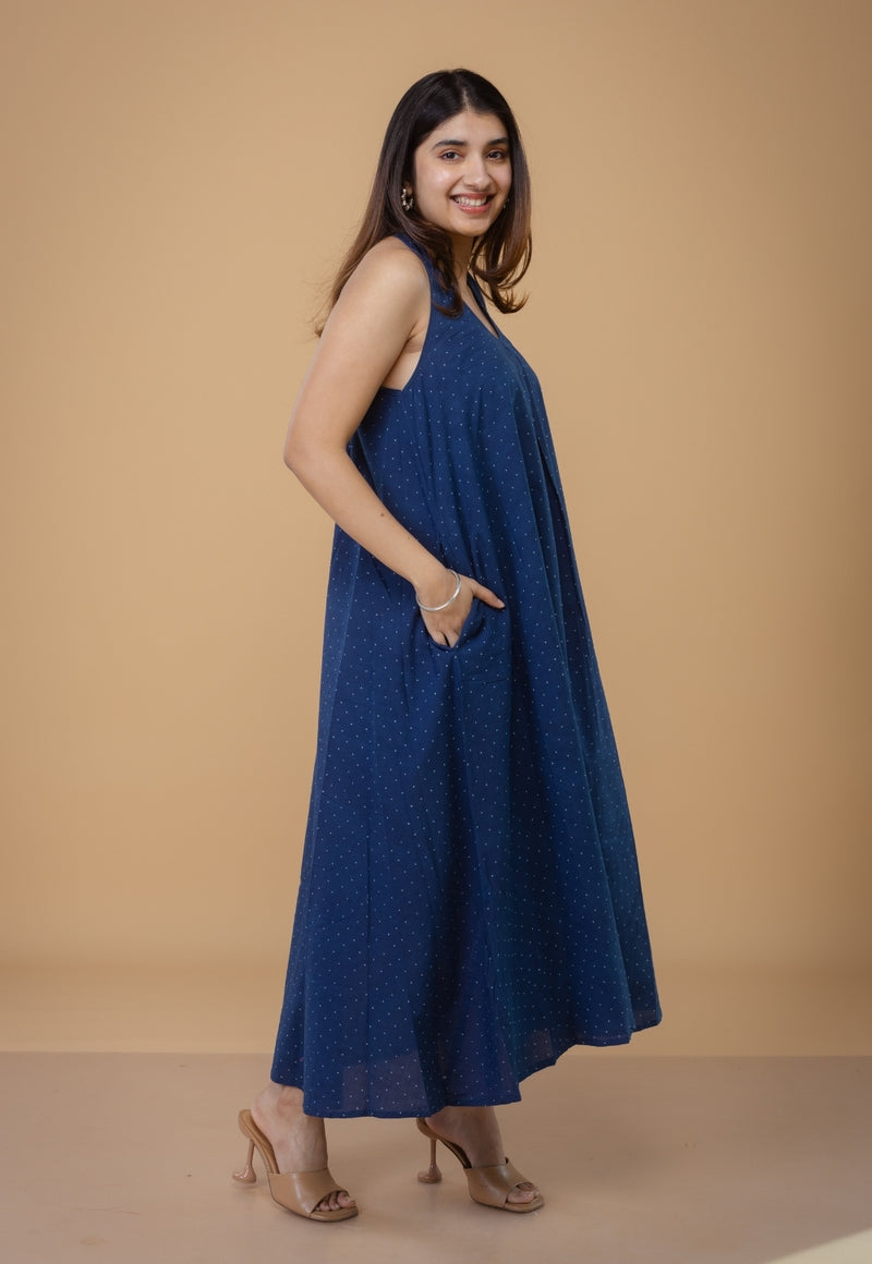 Tashi Blue Ajrakh Cotton A Line Dress
