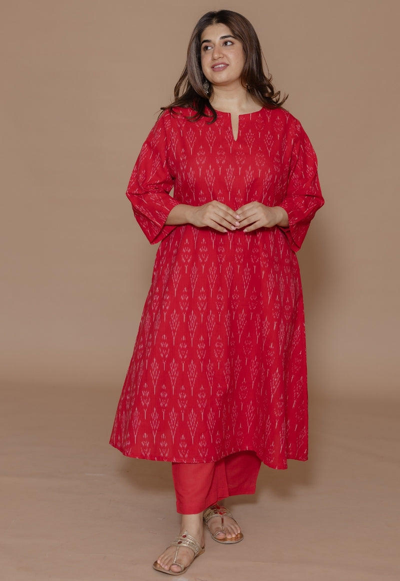 Geet Red Handloom Ikkat Cotton A Line Kurta