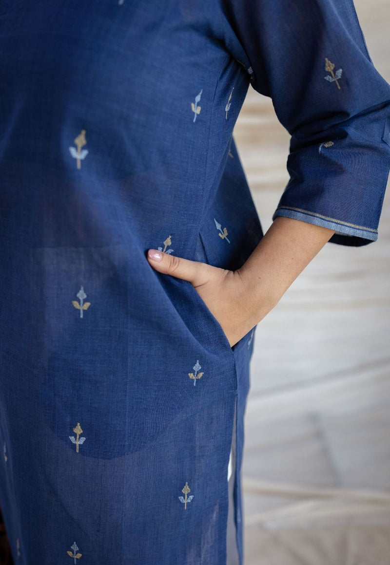 Zahira Indigo Jamdani Handwoven Cotton Straight Kurta