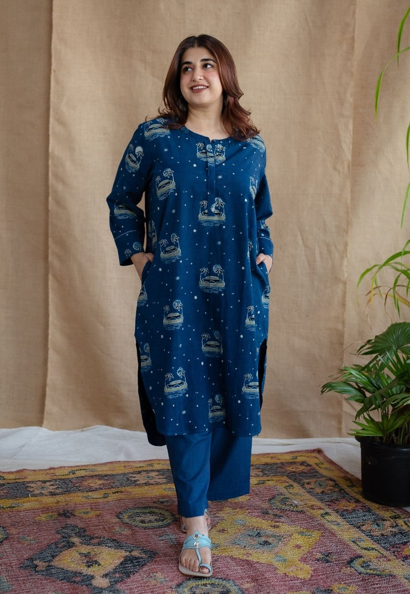 Kochi Indigo Ajrakh Cotton Straight Kurta with Hand Embroidery