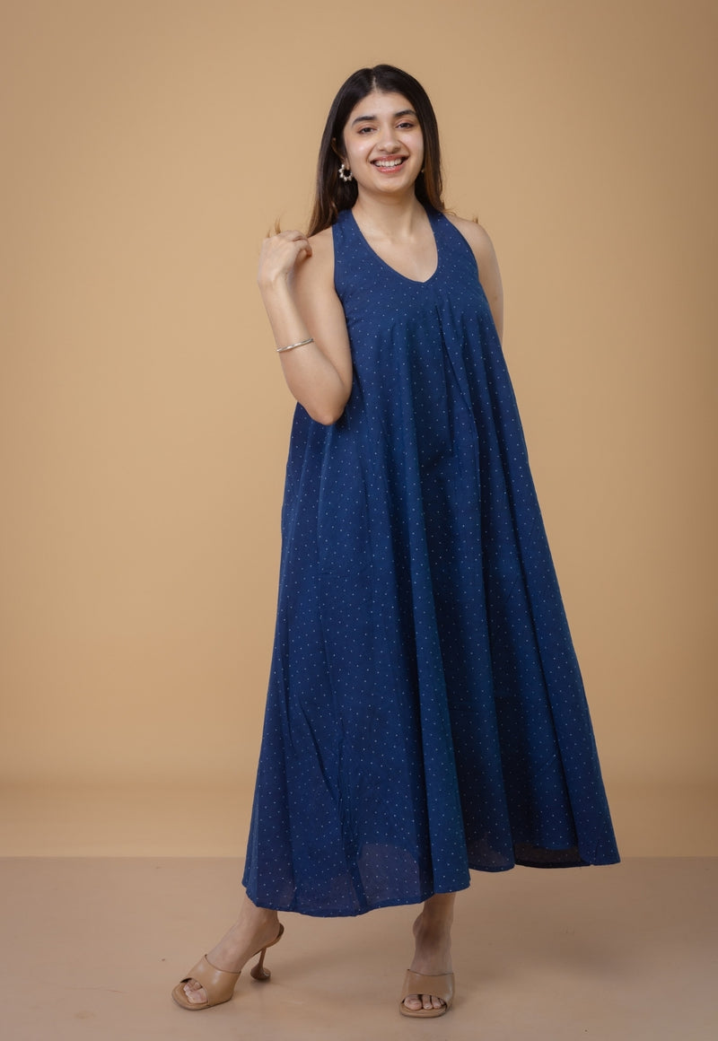 Tashi Blue Ajrakh Cotton A Line Dress