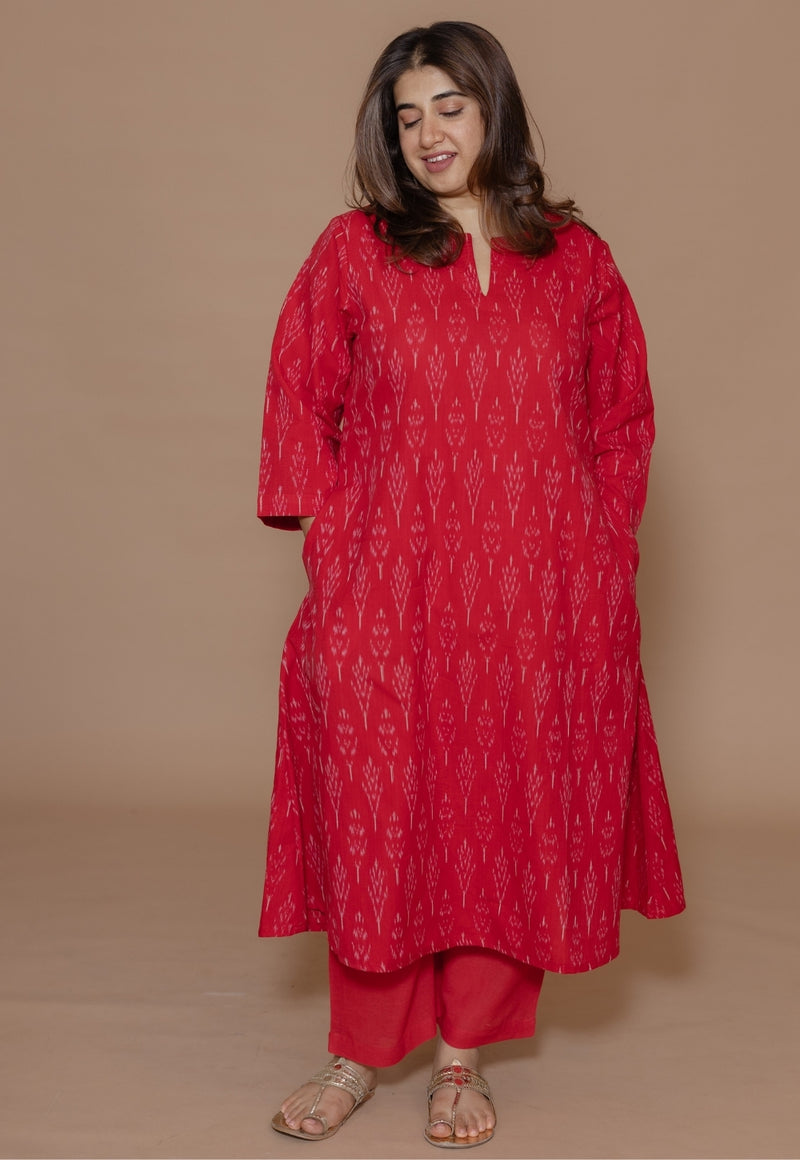 Geet Red Handloom Ikkat Cotton A Line Kurta