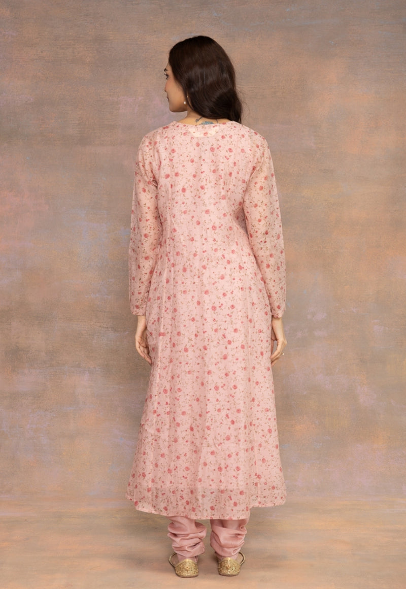 Rose Pink Sanganeri Chanderi Silk Kali Kurta with Hand Embroidery