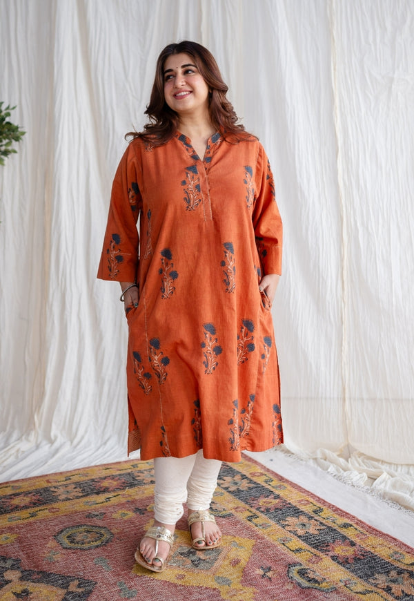 Sabria Ajrakh Slub Cotton Jhabba Kali Hand Embroidered Kurta