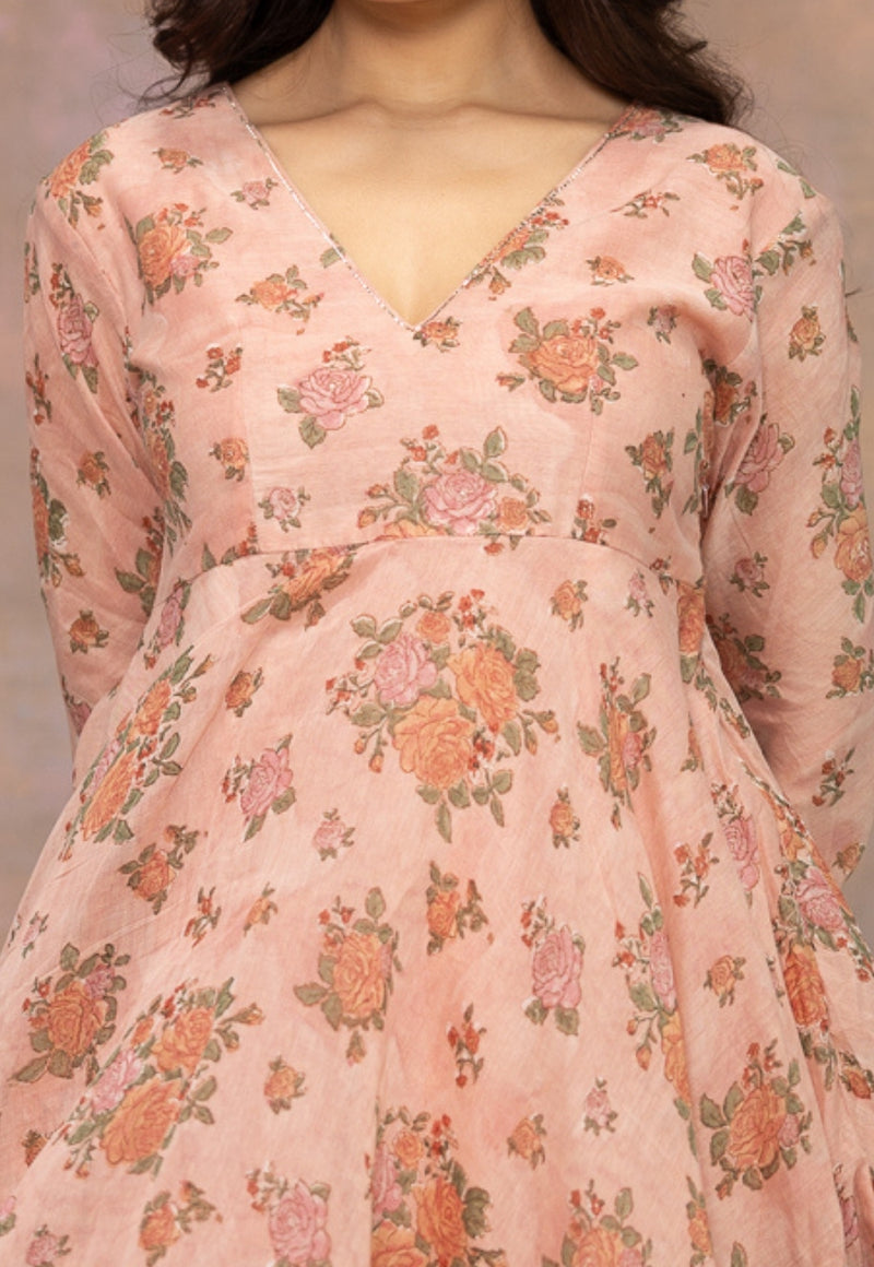 Rozhira Pink Sanganeri Chanderi Silk A Line Kurta with Hand Embroidery