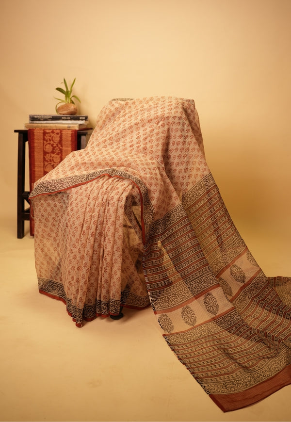 Beige Butti Bagru hand Block Print Kota Doria Saree