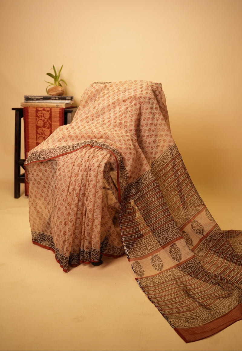 Beige Butti Bagru hand Block Print Kota Doria Saree