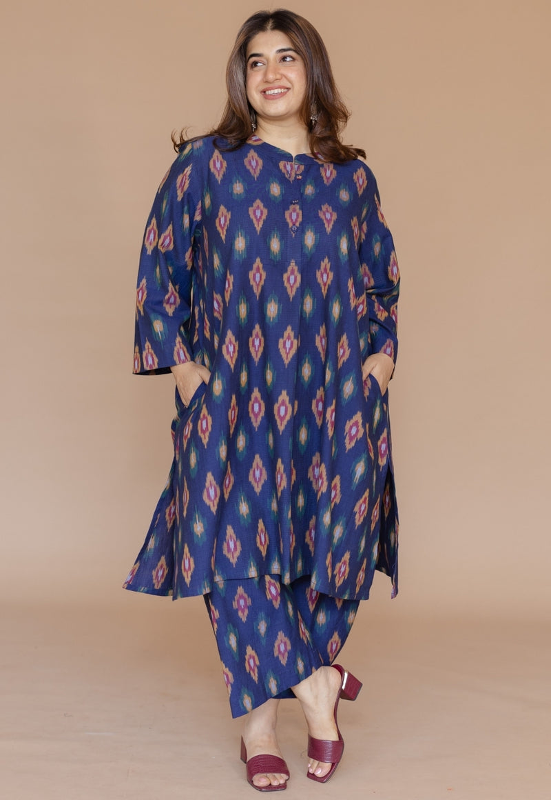 Ayaat Blue Handloom Ikkat Cotton Straight Kurta