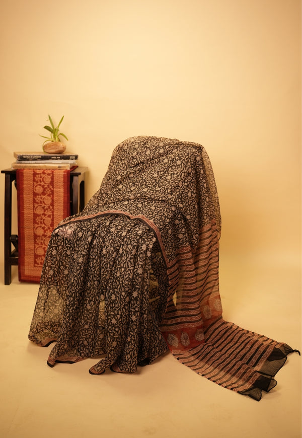 Black Jaal Bagru Kota Doria Handblock Print Cotton Saree