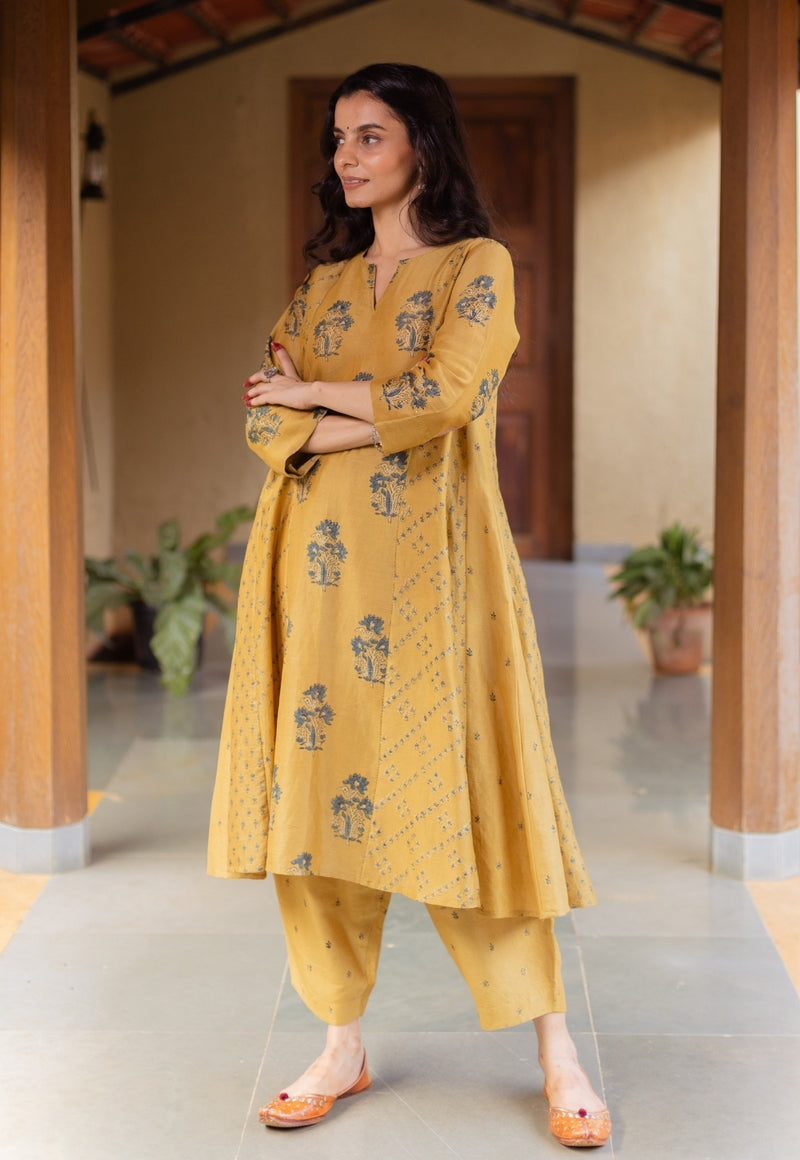 Sonia Mustard Ajrakh Chanderi Silk Kali Kurta with Hand Embroidery