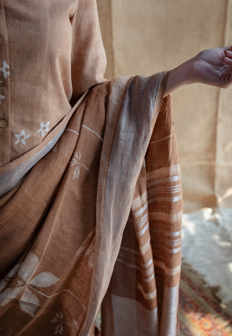 Light Brown Floral Butti Dabu Linen Silver Zari Border Saree