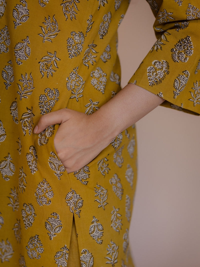 Avika Yellow Bagru Cotton Straight Kurta