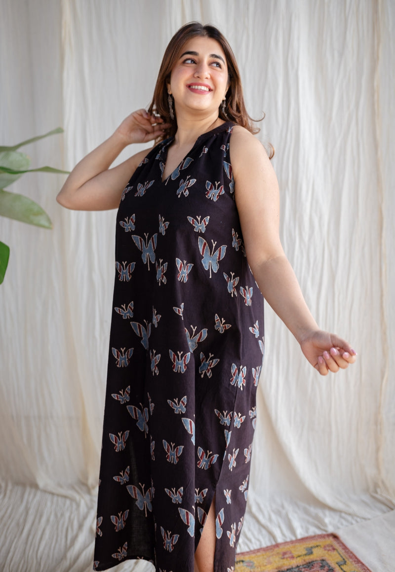 Kiara Black Ajrakh Cotton Straight Dress