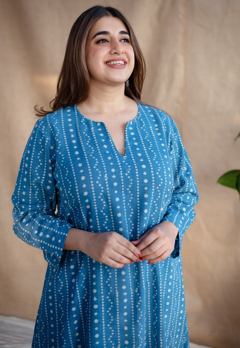 Shaili Indigo Dabu Slub Cotton A Line Kurta with Embroidery