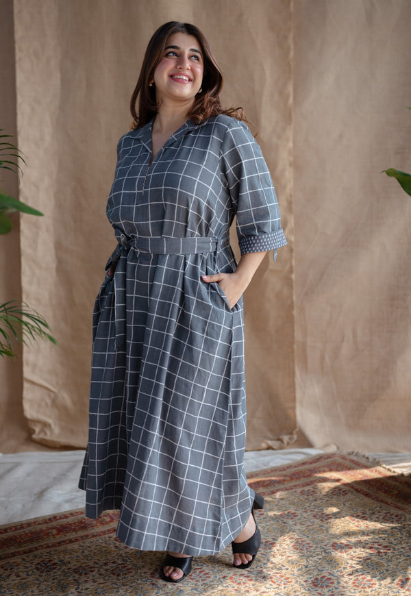 Alzira Grey Dabu Slub Cotton A Line Dress with Embroidery