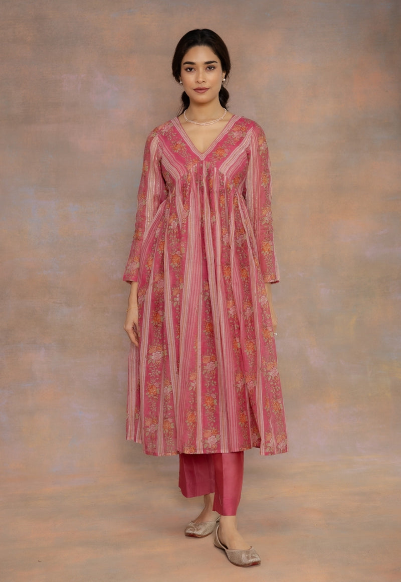 Rooz Pink Sanganeri Chanderi Silk A Line Kurta with Lace Detailing