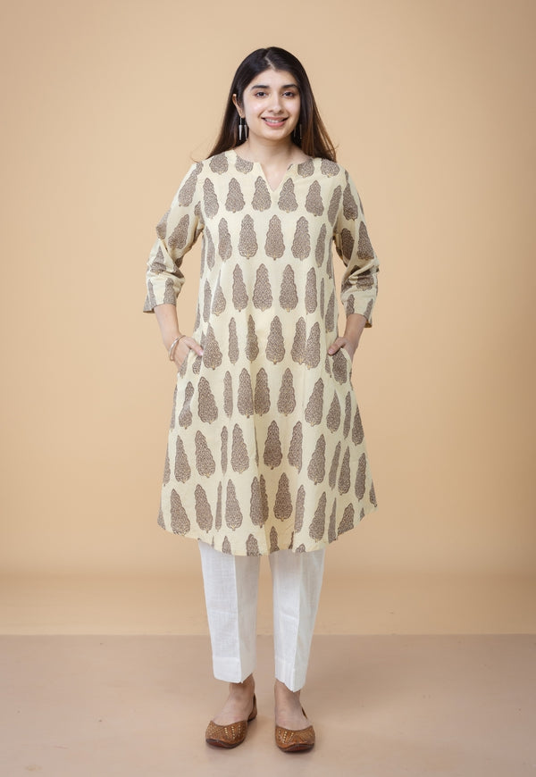 Daksha Beige Ajrakh Cotton A Line Kurta