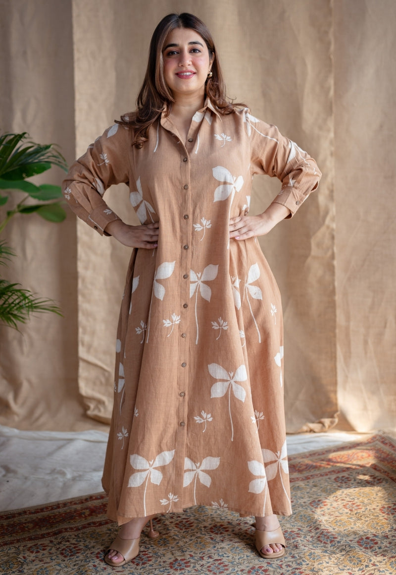 Trusha Light Brown A Line Dabu Slub Cotton Dress