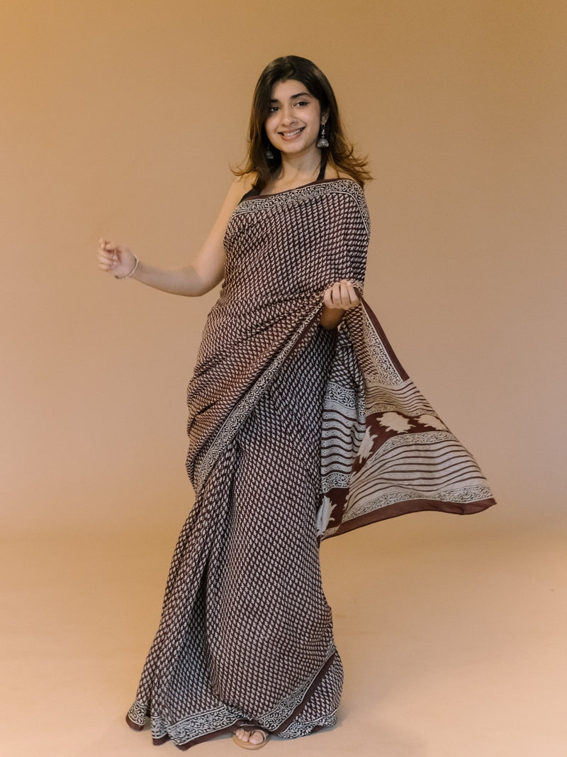 Black Butti Bagru Hand Block Print Modal Saree