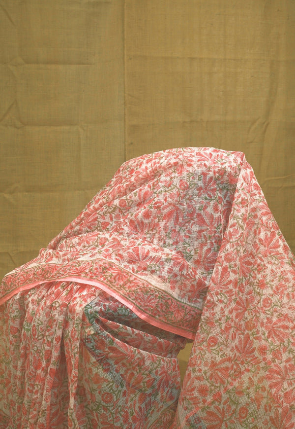 Pink Floral Sanganeri Hand Block Print Kota Doria Saree