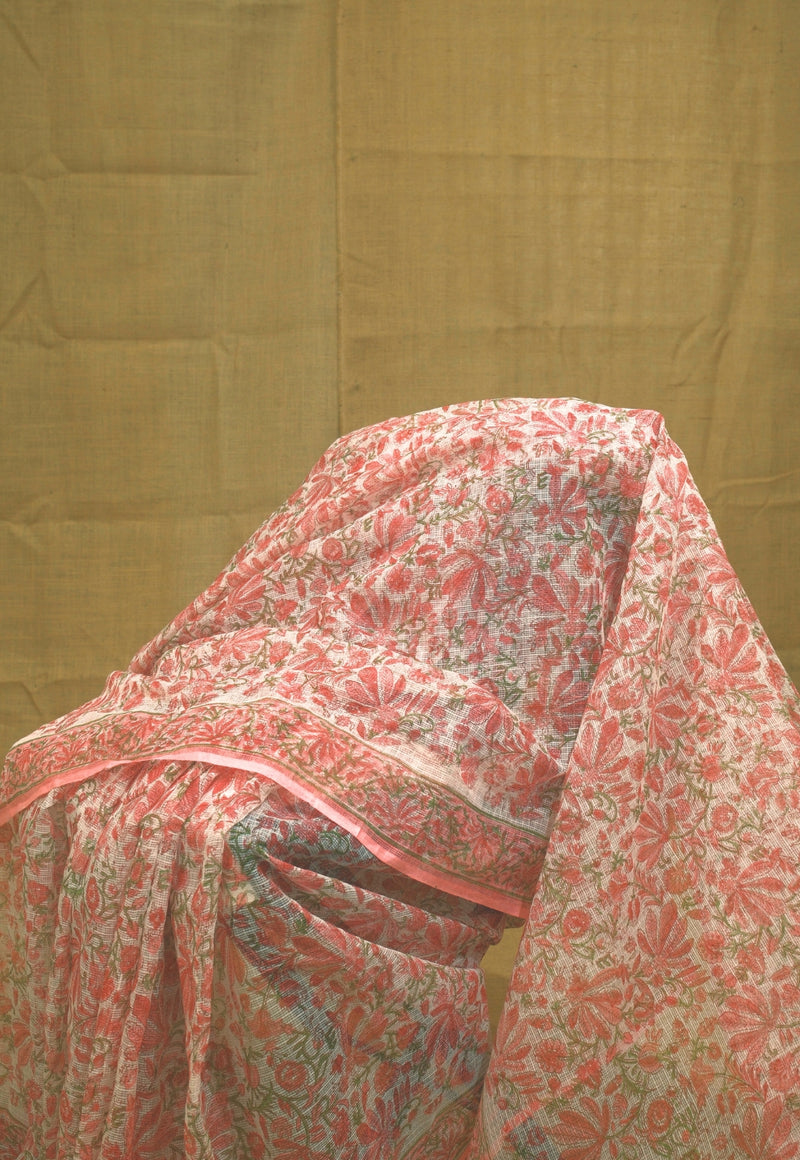 Pink Floral Sanganeri Hand Block Print Kota Doria Saree