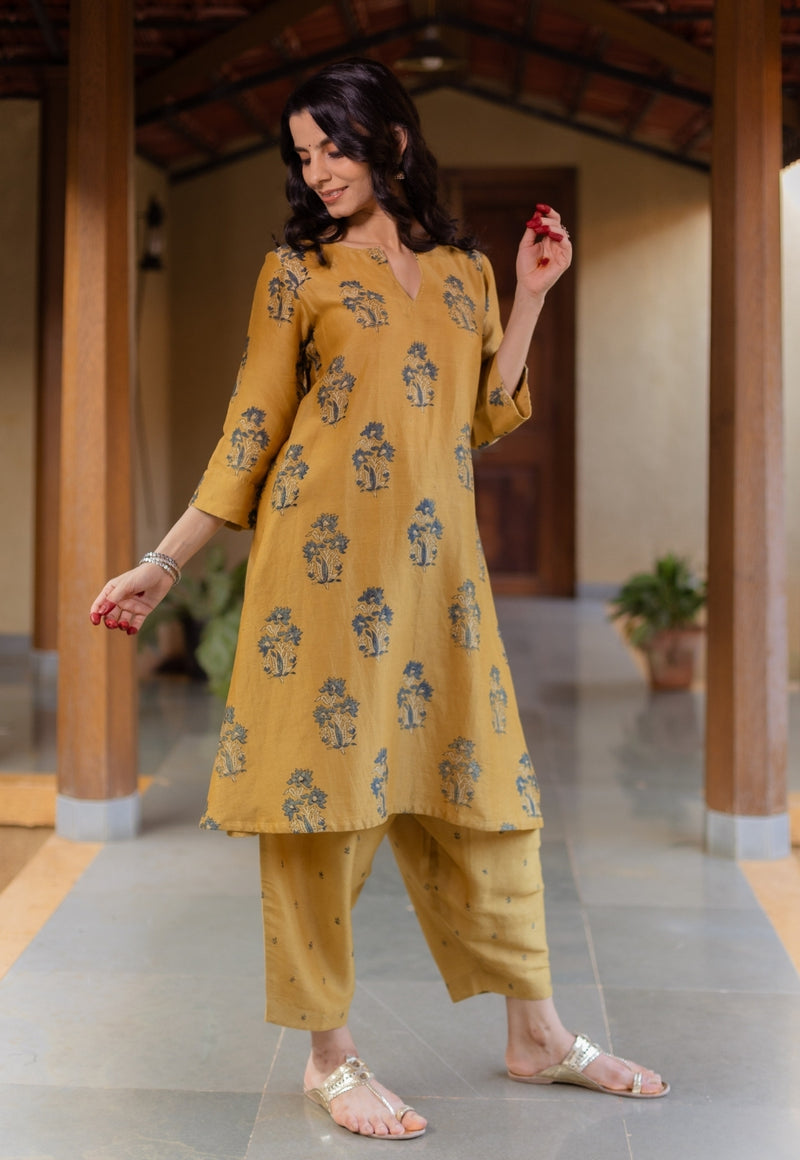 Daksha Mustard Ajrakh Chanderi Silk A Line Kurta with Hand Embroidery