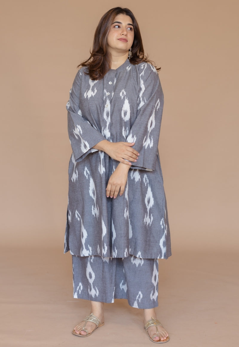 Ayaat Grey Handloom Ikkat Cotton Straight Kurta