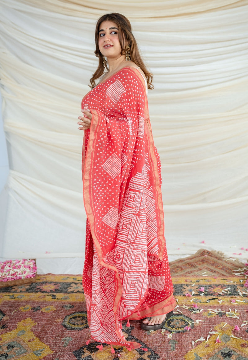 Ruby Red Bandhani Cotton Silk Saree