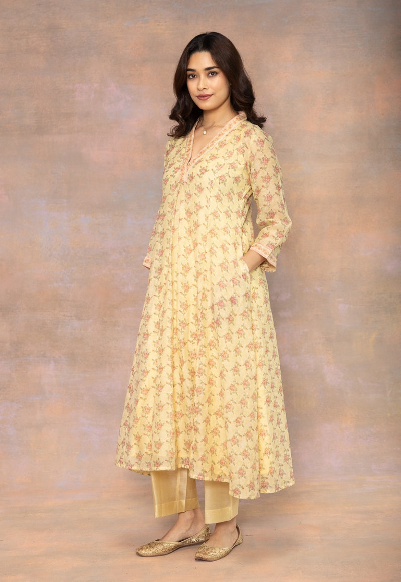 Rosa Yellow Sanganeri Chanderi Silk Kali Kurta