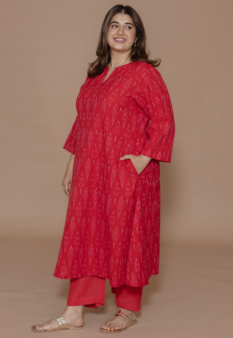 Geet Red Handloom Ikkat Cotton A Line Kurta