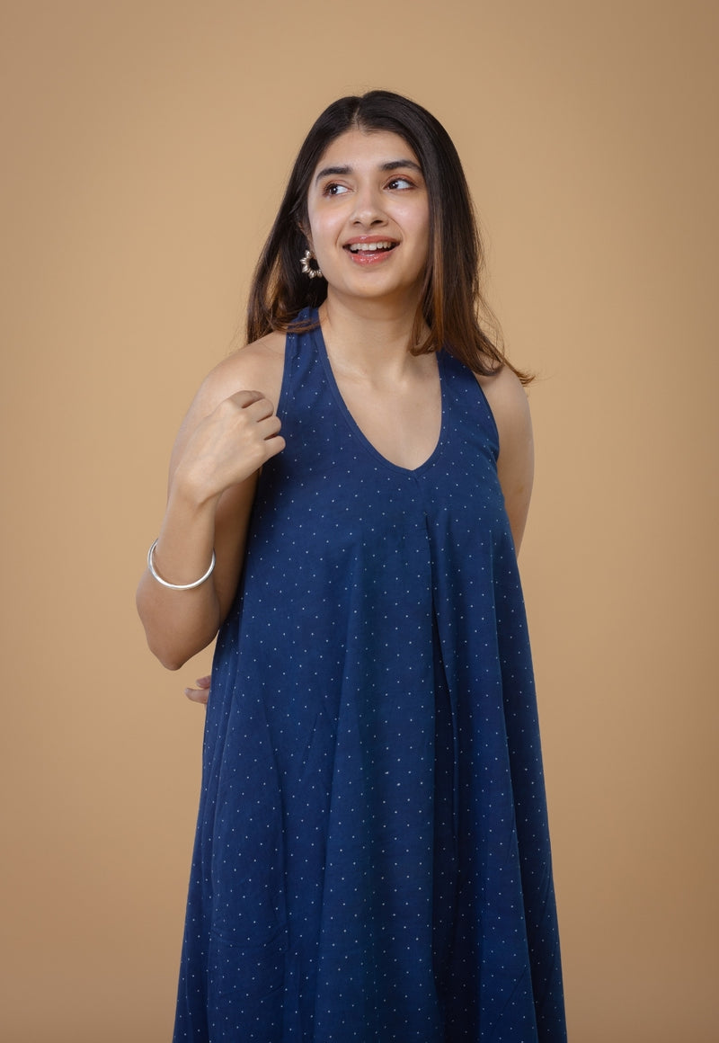 Tashi Blue Ajrakh Cotton A Line Dress