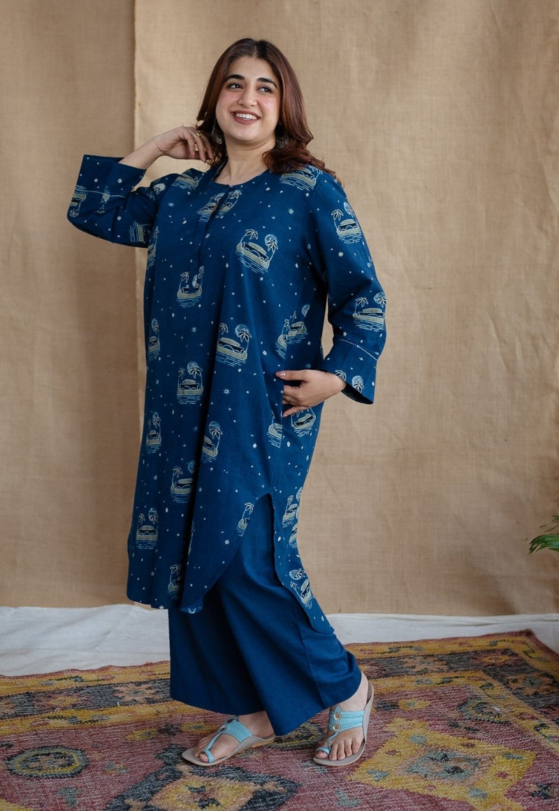 Kochi Indigo Ajrakh Cotton Straight Kurta with Hand Embroidery