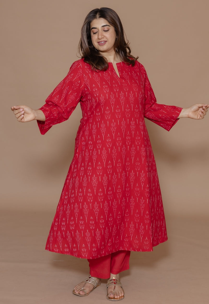 Geet Red Handloom Ikkat Cotton A Line Kurta