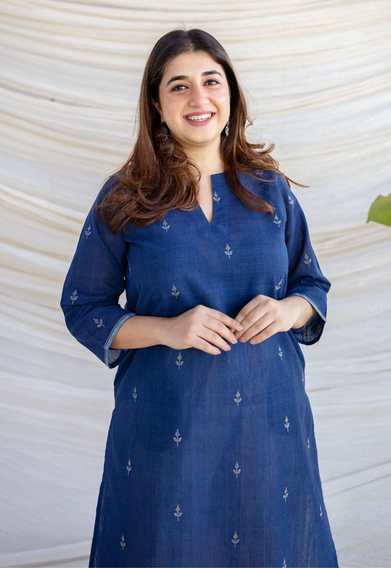 Zahira Indigo Jamdani Handwoven Cotton Straight Kurta