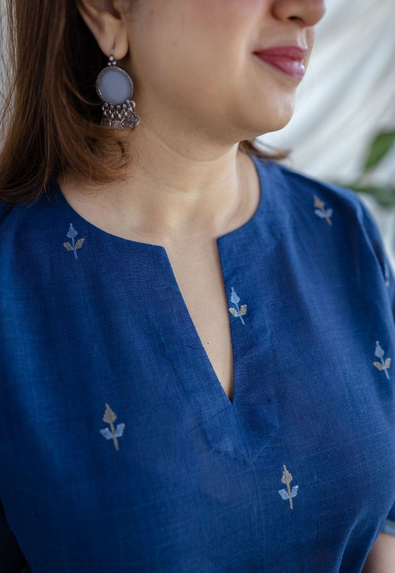 Zahira Indigo Jamdani Handwoven Cotton Straight Kurta