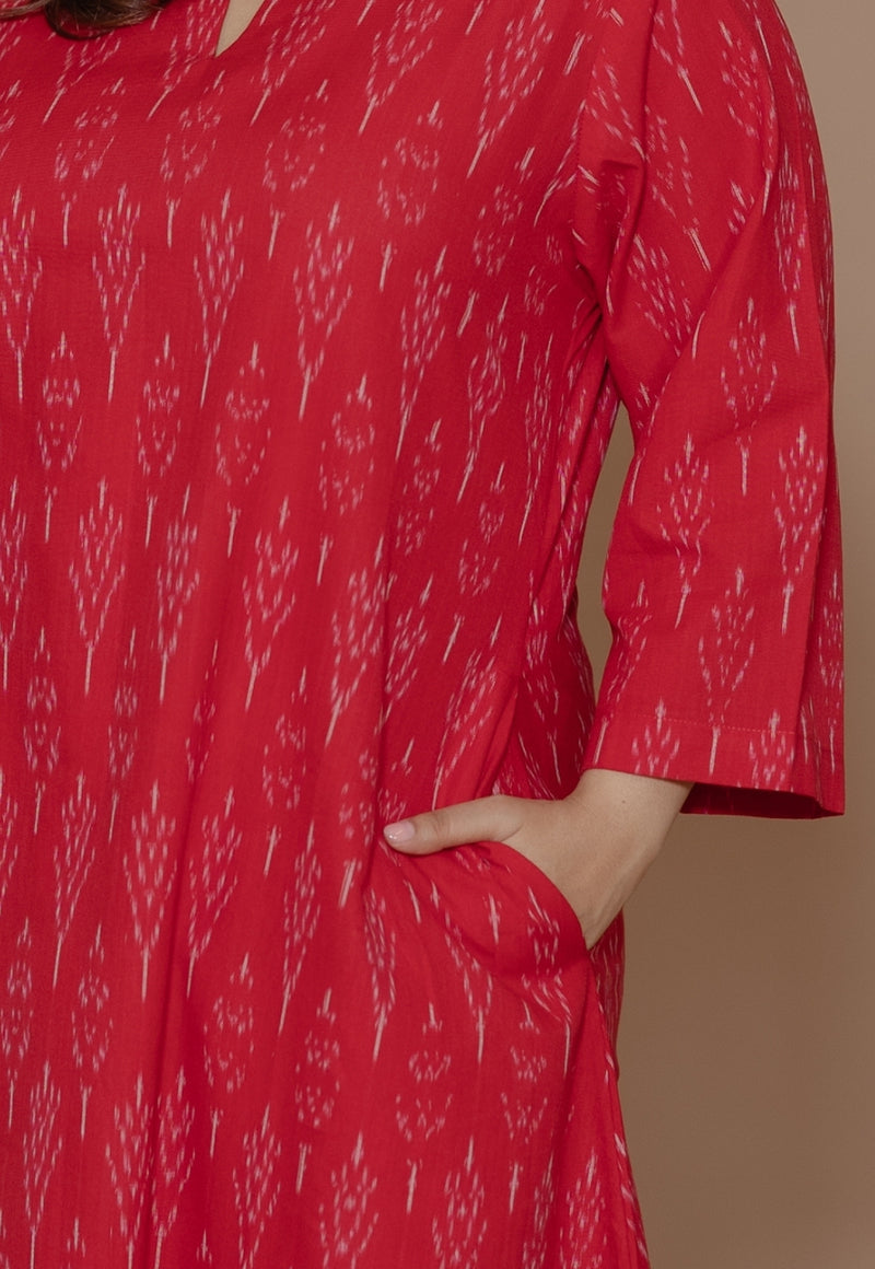 Geet Red Handloom Ikkat Cotton A Line Kurta
