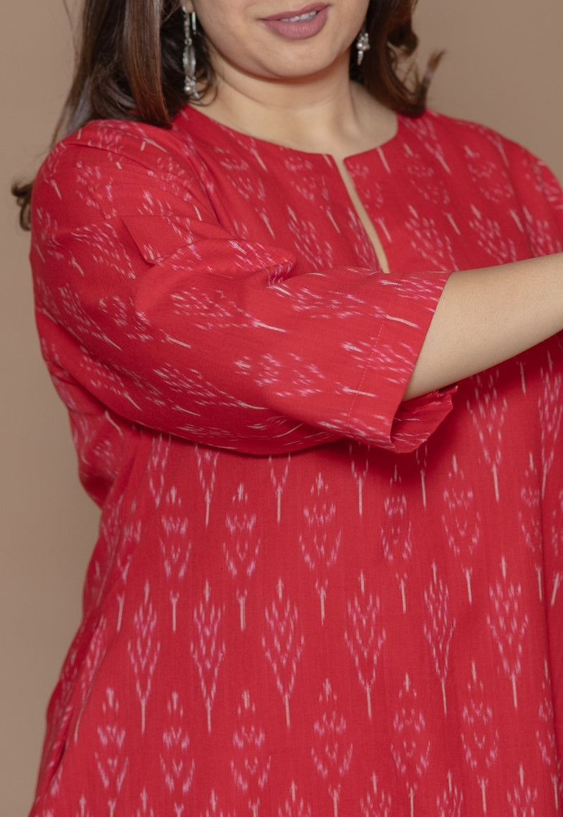 Geet Red Handloom Ikkat Cotton A Line Kurta