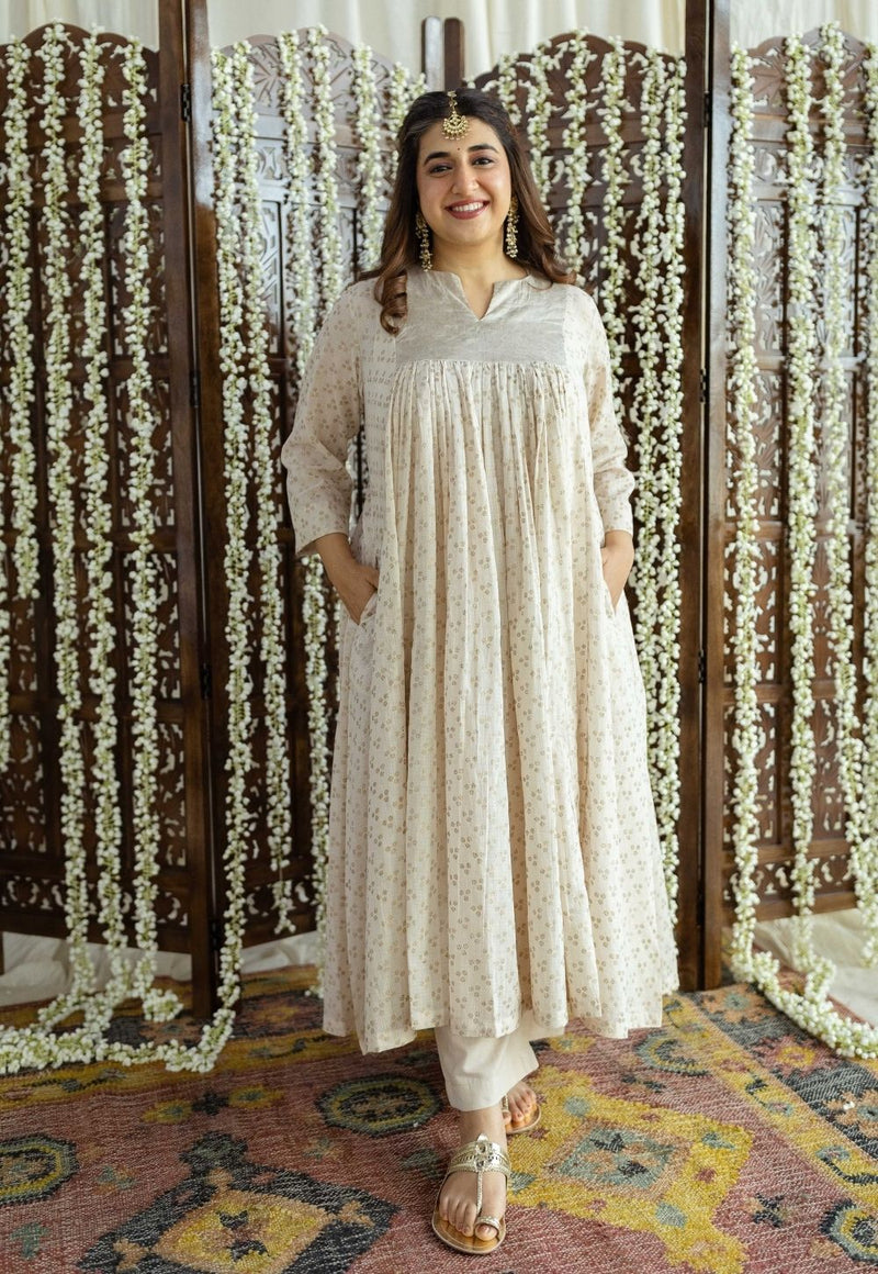 Iriya Cream Rogan Kota Doria A Line Kurta Set (Set of 3)