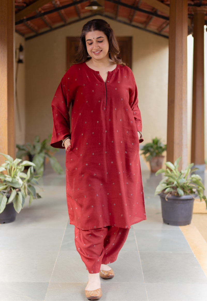 Zehra Madder Ajrakh Chanderi Silk A Line Kurta with Hand Embroidery