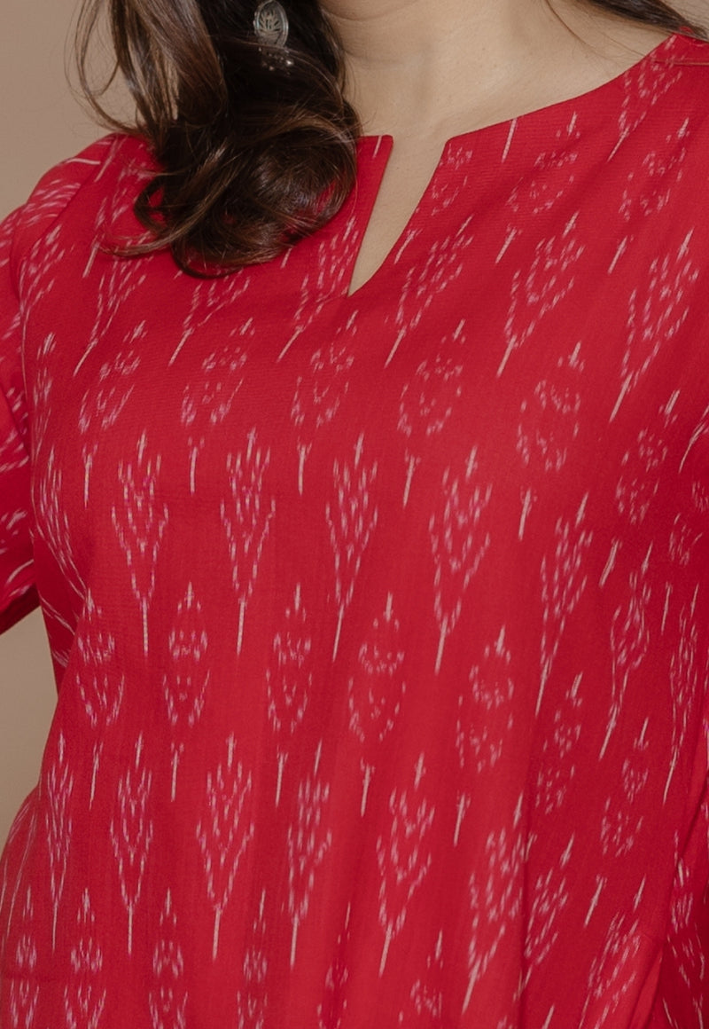Geet Red Handloom Ikkat Cotton A Line Kurta