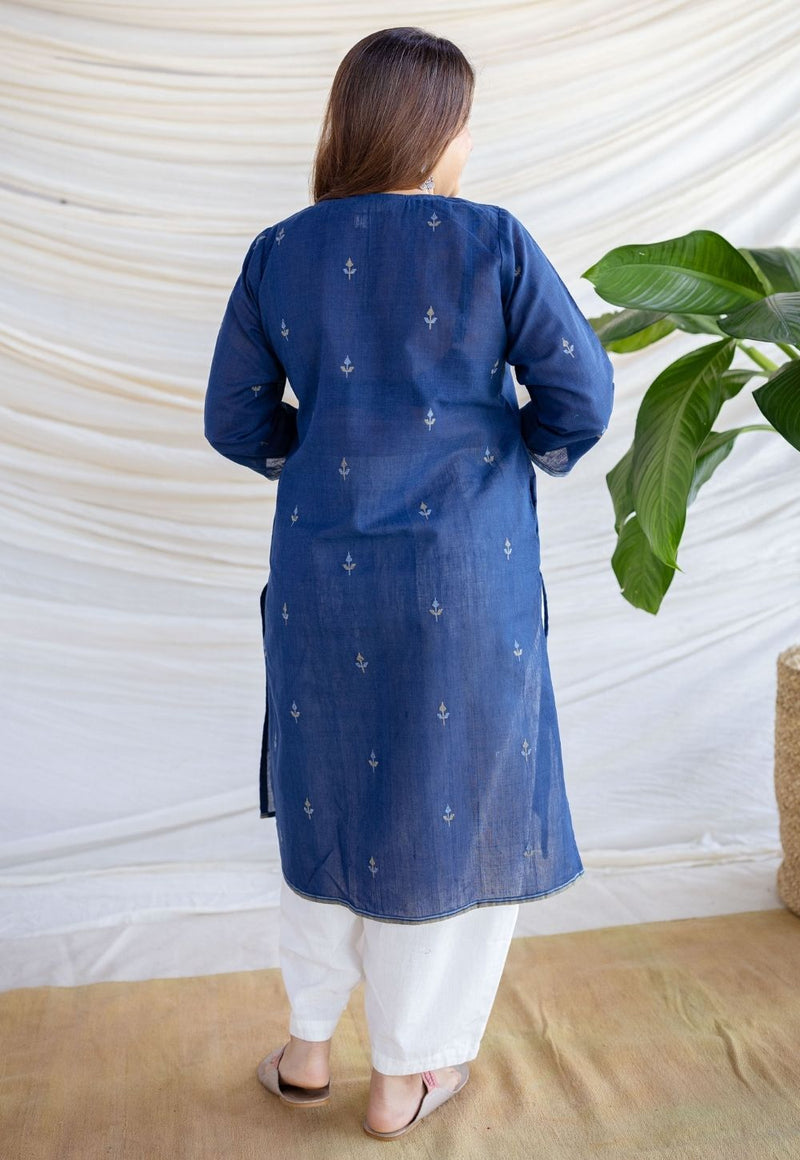 Zahira Indigo Jamdani Handwoven Cotton Straight Kurta