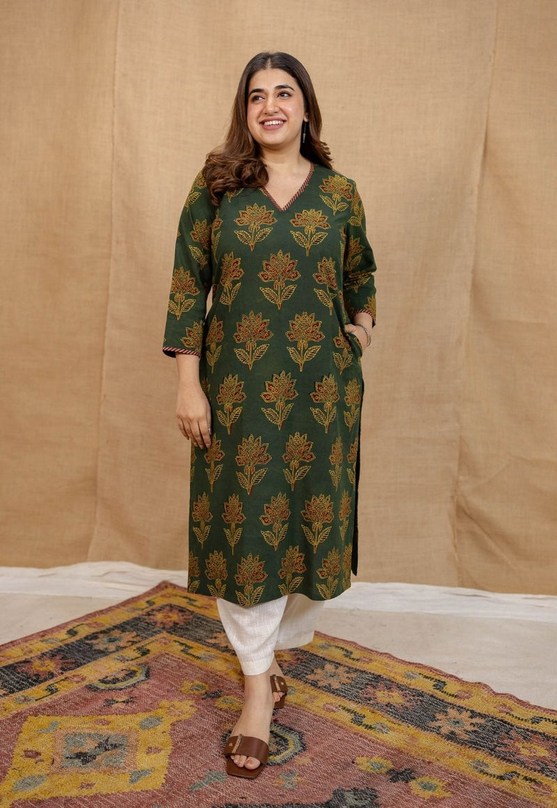 Nargis Green Ajrakh Cotton Straight Kurta