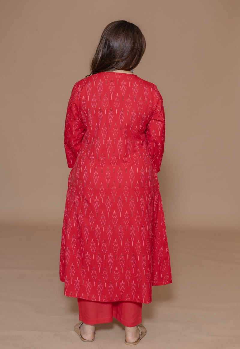 Geet Red Handloom Ikkat Cotton A Line Kurta