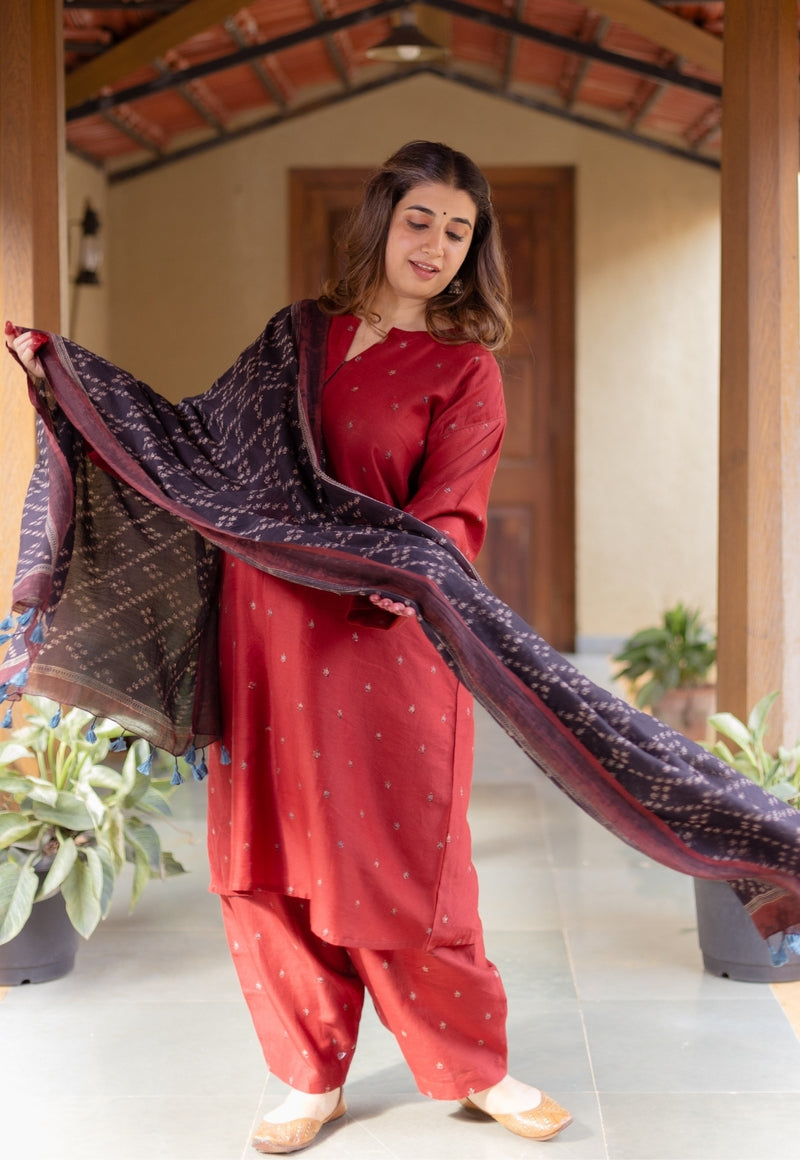 Zehra Madder Ajrakh Chanderi Silk A Line Kurta with Hand Embroidery