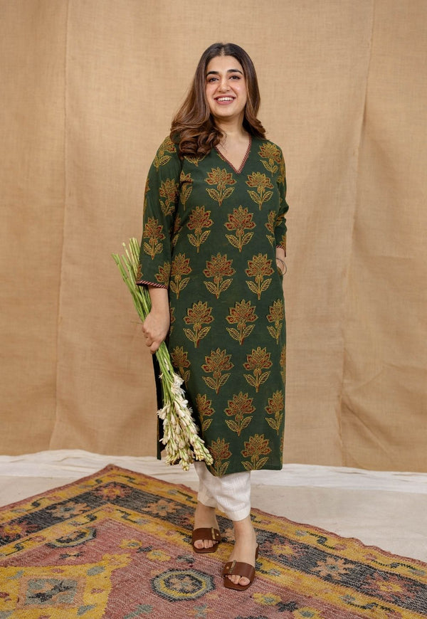 Nargis Green Ajrakh Cotton Straight Kurta