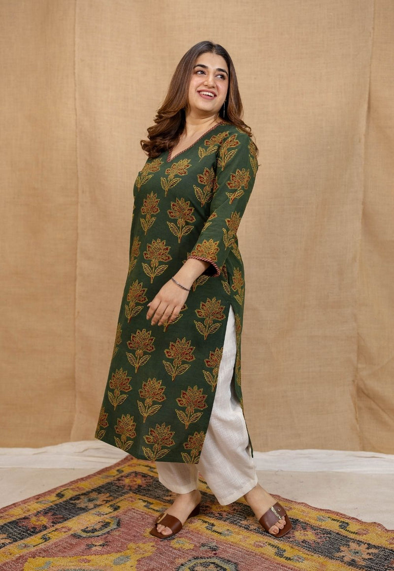 Nargis Green Ajrakh Cotton Straight Kurta