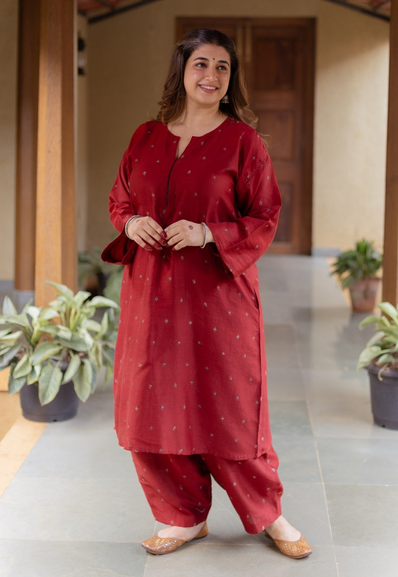 Zehra Madder Ajrakh Chanderi Silk A Line Kurta with Hand Embroidery