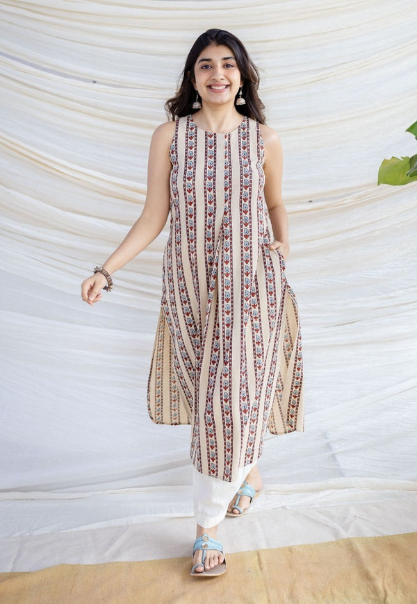 Salma Beige Ajrakh Cotton Straight Kurta