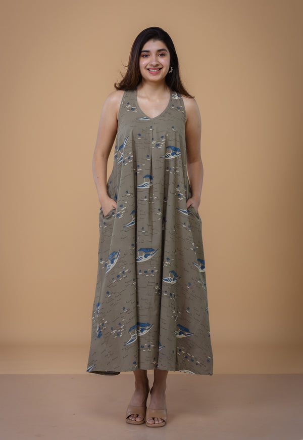 Tashi Grey Ajrakh Cotton A Line Dress