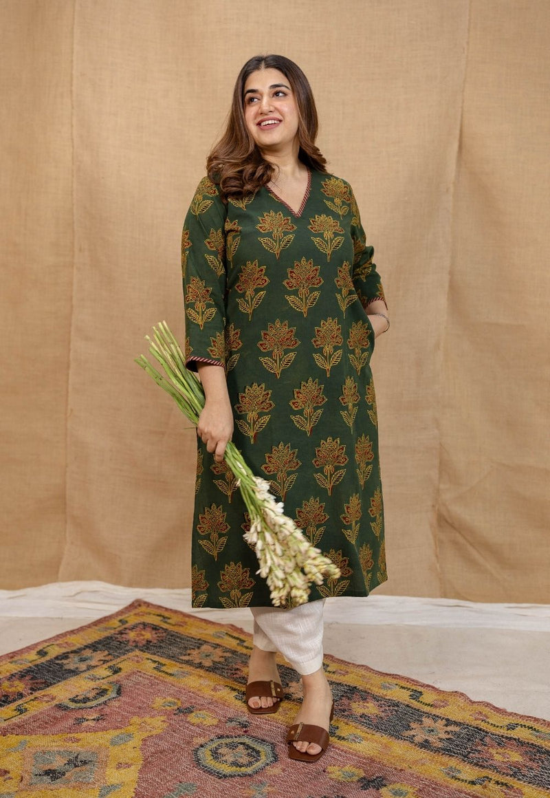 Nargis Green Ajrakh Cotton Straight Kurta